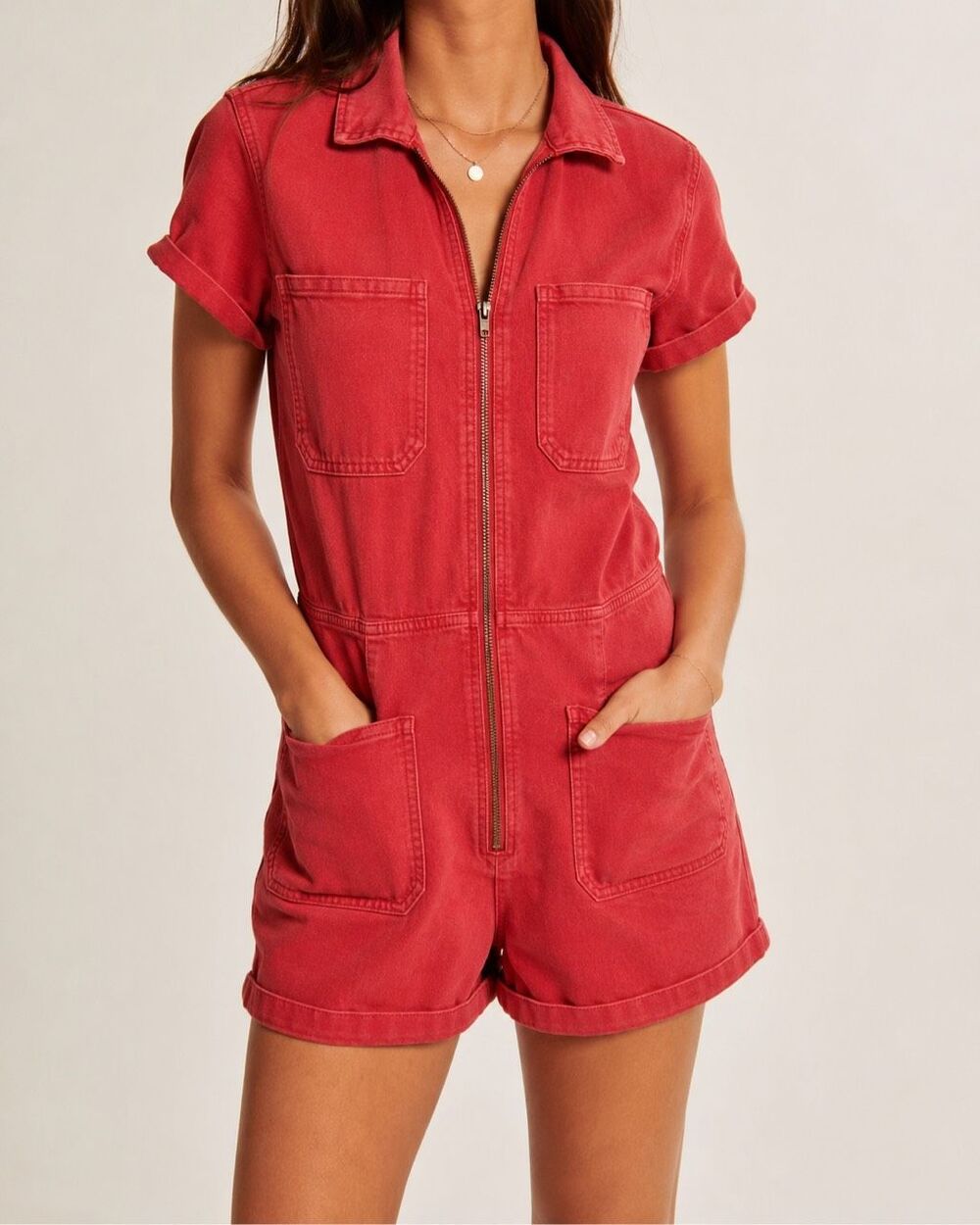 Free People Size 12 Red Denim Utility Romper Zip Front Short Sleeve Jumpsuit
